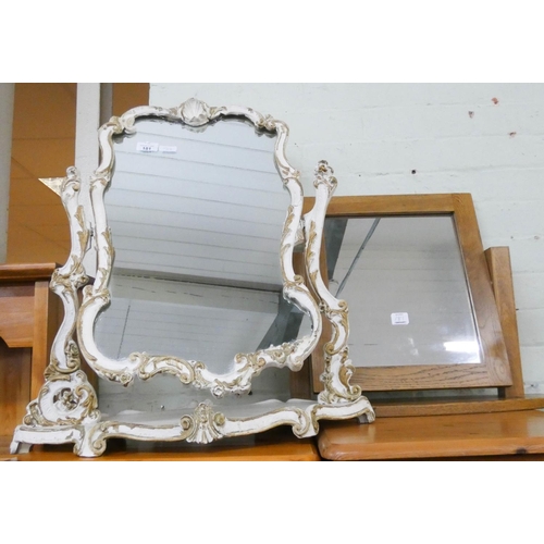 181 - A toilet mirror in cream and gilt decorated frame and a small oak framed toilet mirror