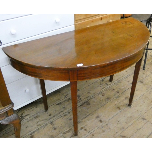 187 - Antique mahogany semi-circular side table on square taper legs, 4'3 wide