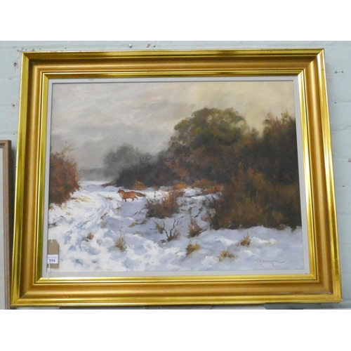 194 - A modern gilt framed oil painting of a fox in snow scene, signed R Hallengren