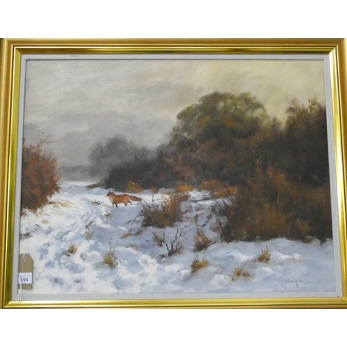 194 - A modern gilt framed oil painting of a fox in snow scene, signed R Hallengren