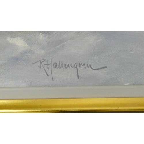 194 - A modern gilt framed oil painting of a fox in snow scene, signed R Hallengren