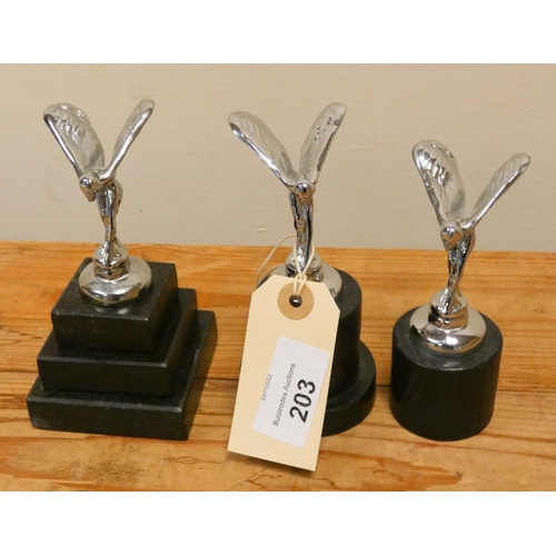 203 - Three miniature Spirit of Ecstasy style car mascots on onyx bases