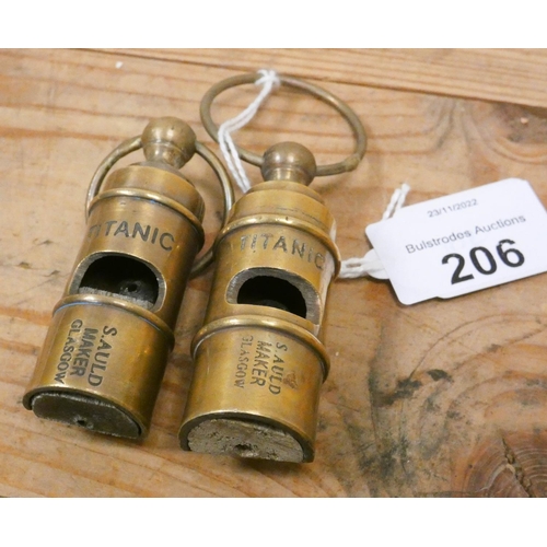 206 - Two Titanic style brass whistles