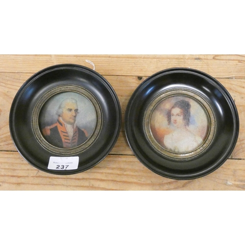 237 - A pair of decorative circular portrait miniatures of Nelson and Lady Hamilton
