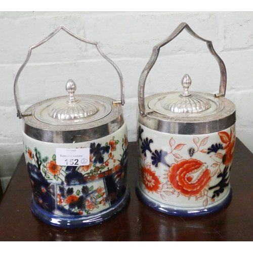 29 - Two decorative china biscuit barrels with silver plated mounts