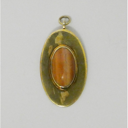 616 - Handmade hallmarked silver gilt oval pendant set with Cabochon agate, pendant length 5cms, gross wei... 