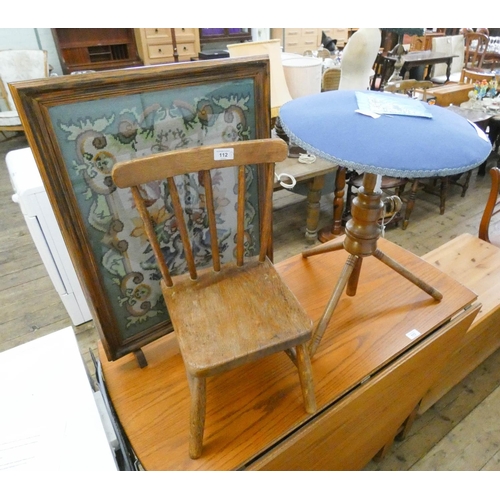 112 - Child's Windsor chair, tapestry fire screen and a pin cushion table