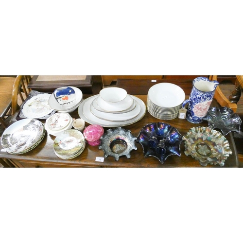 72 - Carnival glass dishes, jugs, decorative wall plates, part dinner service etc