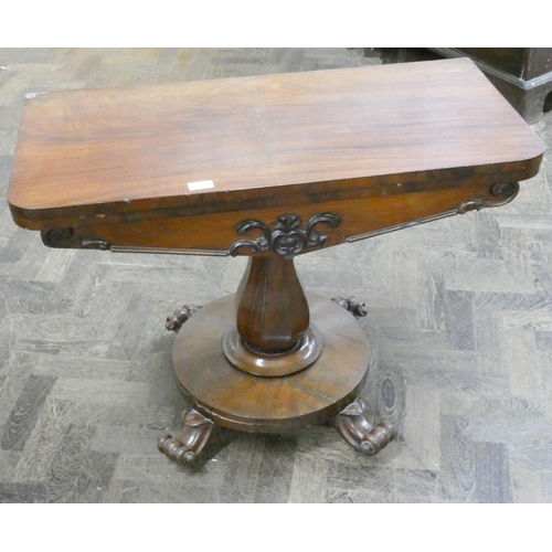 99 - Early Victorian mahogany fold over top tea table on pillar and platform base