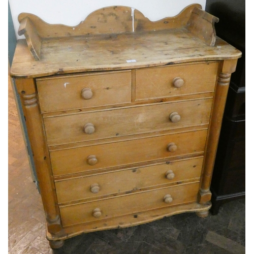 1 - A Victorian stripped pine chest of four long and two short drawers with bun handles and tray top, 3'... 