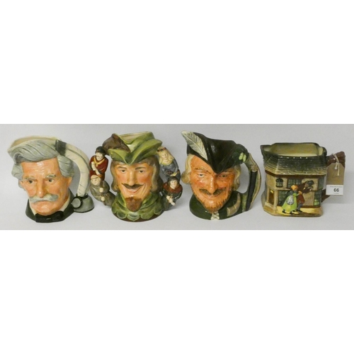 66 - Three Royal Doulton character jugs, 'Robin Hood 6998', 'Robin Hood 6527', 'Mark Twain' and a Royal D... 