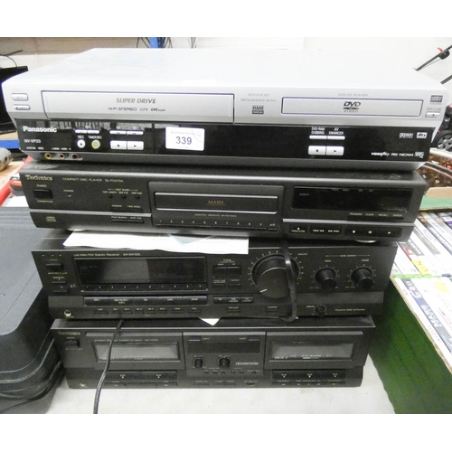 339 - A technics twin tape deck, an LW-MW-FM stereo receiver, a Technics CD player and a Panasonic cassett... 