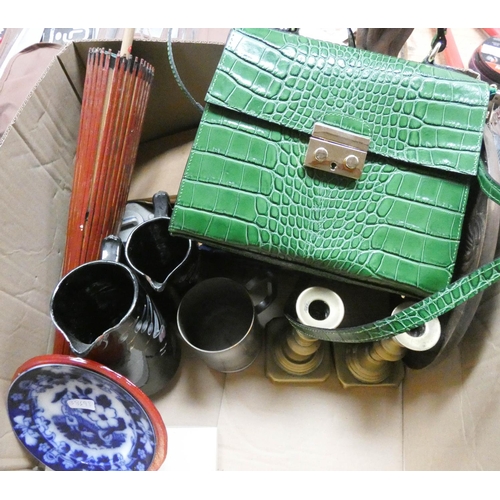 342 - A green crocodile skin style handbag, pair of candle sticks, jugs, parasol etc