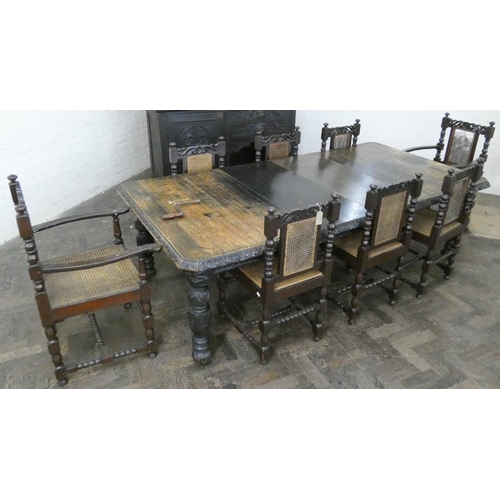 176 - Late Victorian highly carved extending dining table and chair set, the table with two additional lea... 