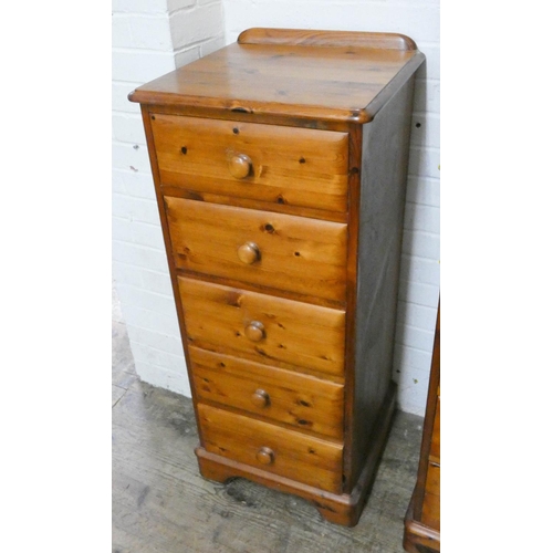 209 - Varnished pine tallboy chest of 5 long drawers