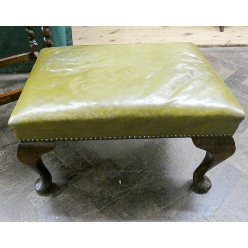 220 - 1920's oak  barley twist occasional table and green antiqued leather studded footstool on cabriole l... 