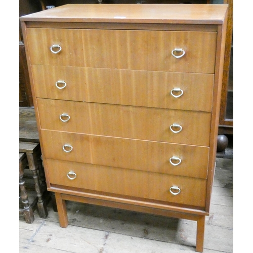 135 - A 1970's teak chest of 5 long draws on square legs, 2 foot 6