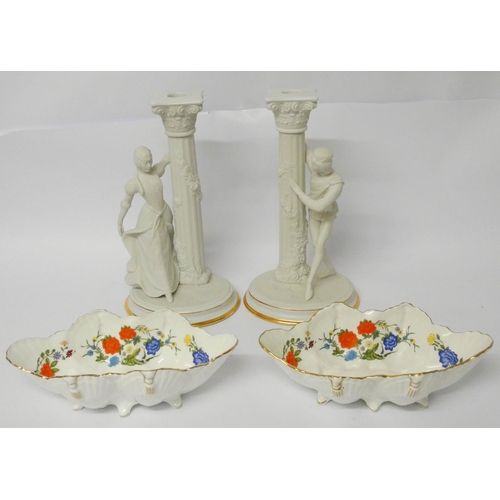518 - Pair of bisque Romeo & Juliet candlesticks and a pair of shell shaped Aynsley Famille rose dishes