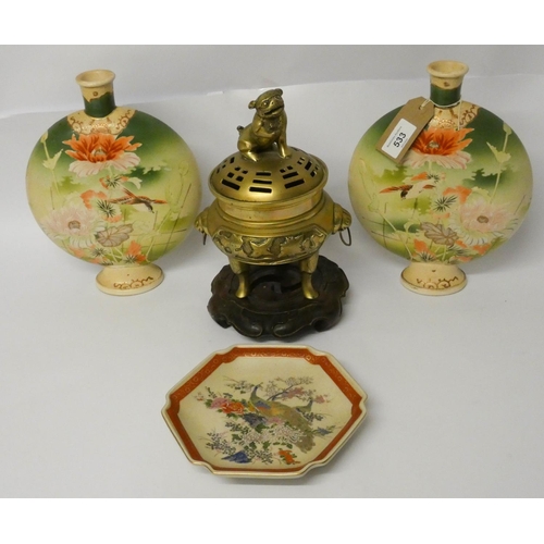 533 - A pair of Satsuma moon flask vases, a plate and a brass Koro and cover on hardwood stand