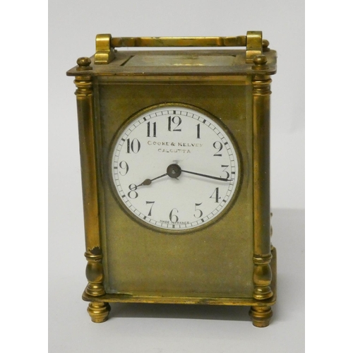 535 - A small French gilt brass carriage clock, white circular enamel dial signed Cooke & Kelvey, Calcutta