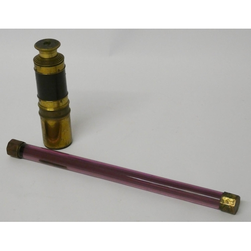 543 - Victorian brass  five drawer telescope and a Victorian amethyst glass ruler with plated mounts