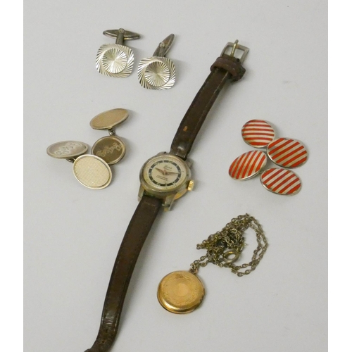 684 - Vintage Basis wristwatch, three pairs of silver cufflinks and a rolled gold locket