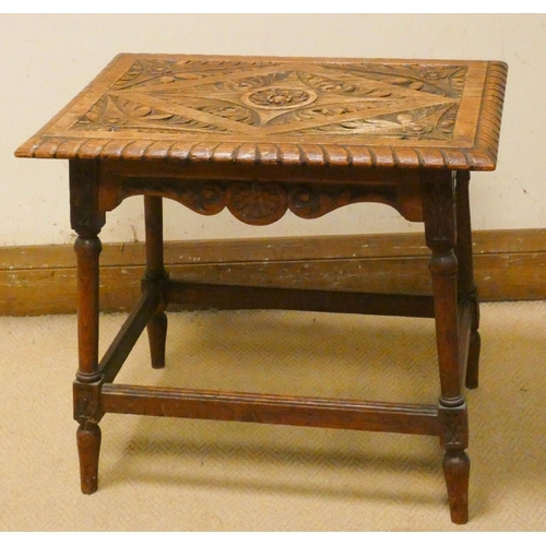 173 - Small carved oak occasional table with turned legs and cross stretchers