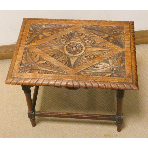 173 - Small carved oak occasional table with turned legs and cross stretchers