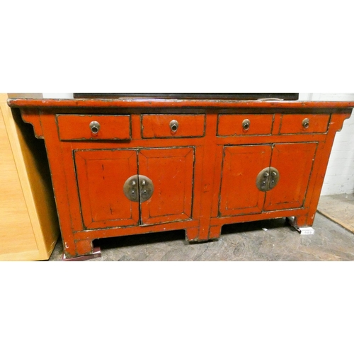 180 - A Chinese red lacquer sideboard, fitted four drawers and cupboards, 74