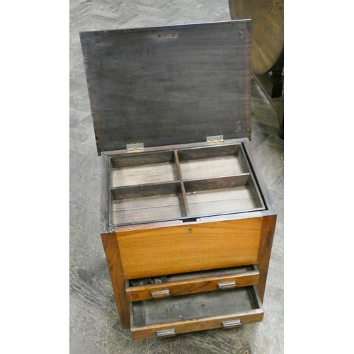 221 - A mahogany work box with fitted interior and two drawers under