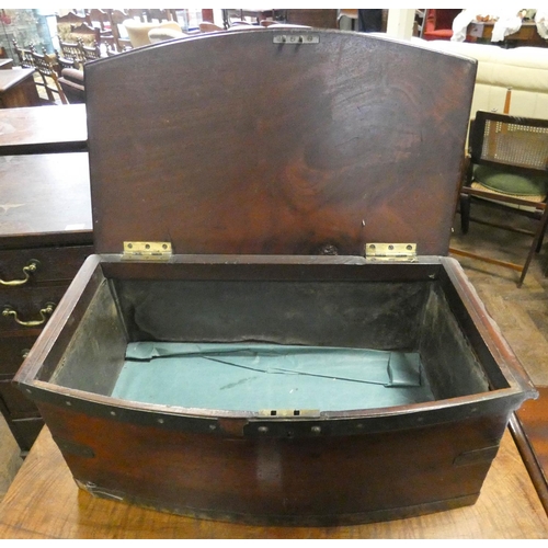 224 - A Victorian mahogany bow fronted box, hinged lid and metal bindings, 23