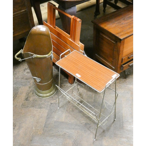 252 - Folding picnic table, oval mirror, copper coal shute and a magazine rack