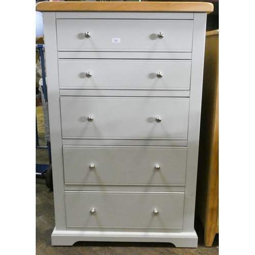 255 - A modern grey tall boy chest of five long drawers with silver coloured handles, with light oak top, ... 