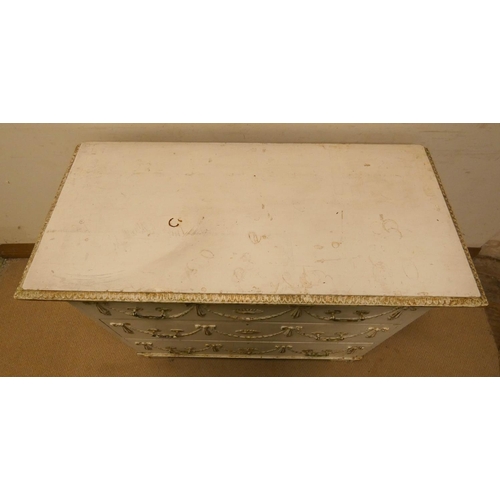 305 - A Victorian painted pine and gesso garland decorated chest of three long drawers, 3'6