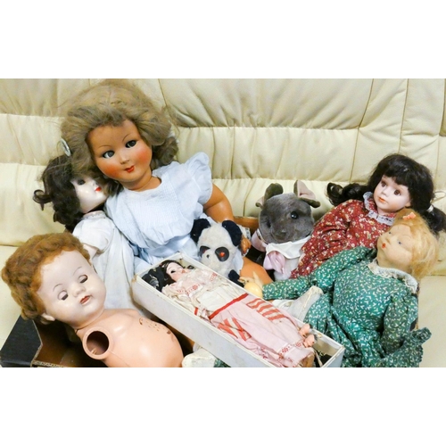 788 - A collection of Victorian and later dolls - please examine together with a few soft toys