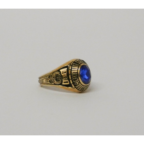 701 - American College ring, set with a faceted blue stone on 10K gold band. Ring size M