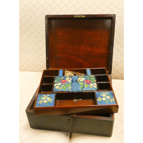 376 - A Victorian work box with satin wood panel and floral marquetry inlay