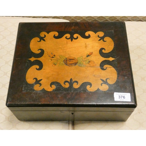 376 - A Victorian work box with satin wood panel and floral marquetry inlay