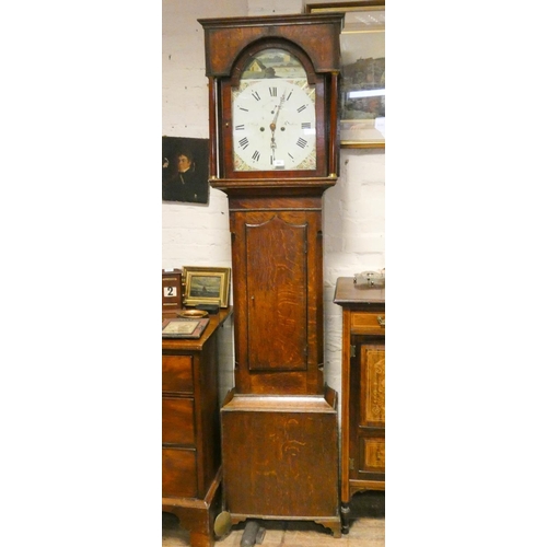 385 - A Victorian grandfather clock in oak case with arch painted dial (as found)
