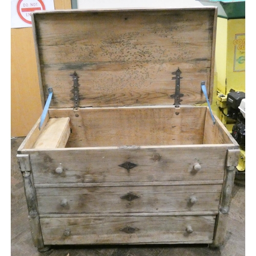 394 - An antique stripped pine chest of drawers effect coffer with lifting lid and one long drawer under
