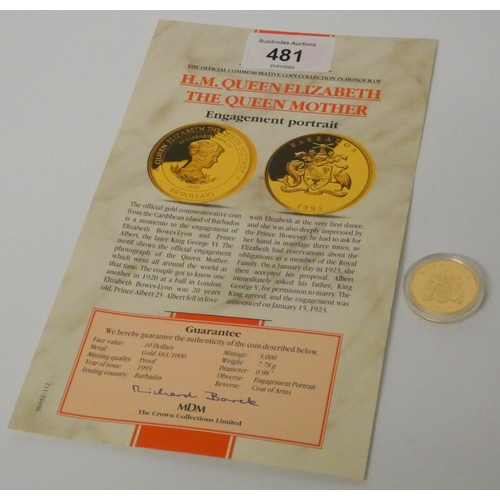 481 - Crown Collections Limited - Barbados 1995 Gold $10 coin,  Queen Elizabeth Queen Mother Engagement Po... 