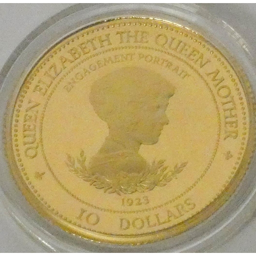 482 - Crown Collections Limited - Barbados 1995 Gold $10 coin,  Queen Elizabeth Queen Mother Engagement Po... 