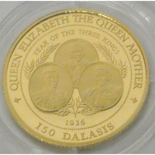 483 - Crown Collections Limited - Gambia 1996 Gold 150 Dalasis coin,  Queen Elizabeth Queen Mother 1936 Ye... 