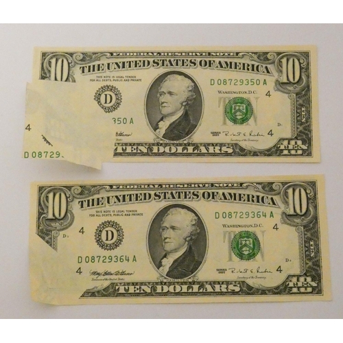 494 - Two 1995 USA $10 Dollar bills both with printing errors - fold and mis-print