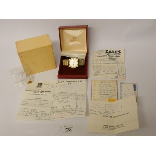 732 - Omega - 1970's gents Automatic calendar wristwatch, on flexi strap, with original box, outer and all... 