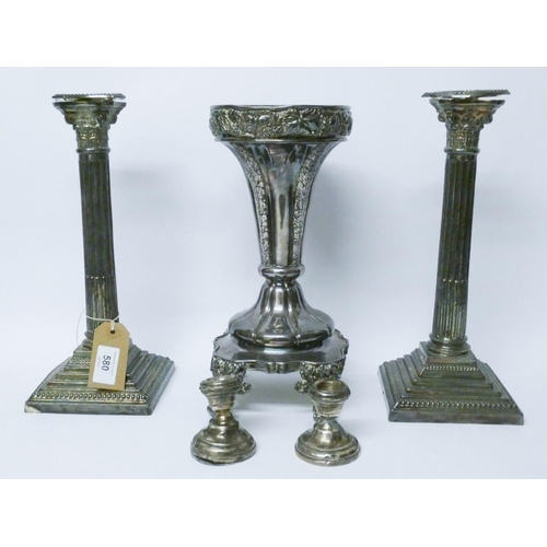 10 - A large silver plated centrepiece, pair of silver plated column candlesticks and a dwarf pair of sil... 