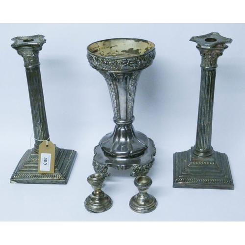 10 - A large silver plated centrepiece, pair of silver plated column candlesticks and a dwarf pair of sil... 