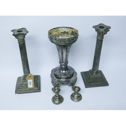 10 - A large silver plated centrepiece, pair of silver plated column candlesticks and a dwarf pair of sil...