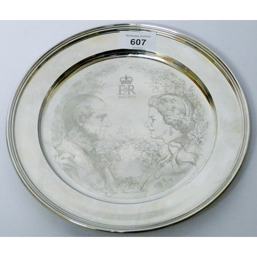 607 - A limited edition silver salver commemorating the Silver Wedding of H.M. Queen Elizabeth & Prince Ph...