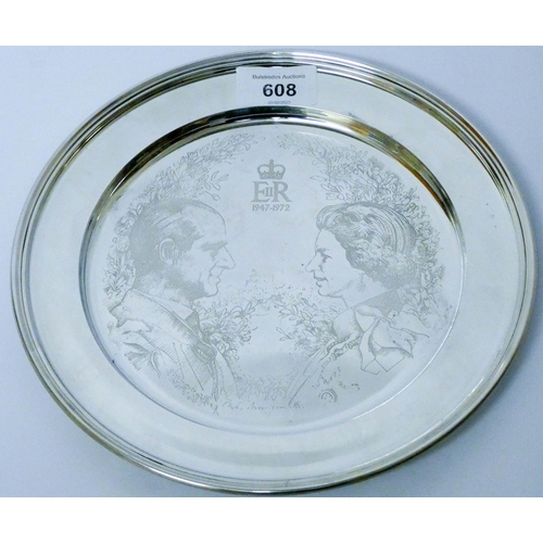 608 - A limited edition silver salver commemorating the Silver Wedding of H.M. Queen Elizabeth & Prince Ph...